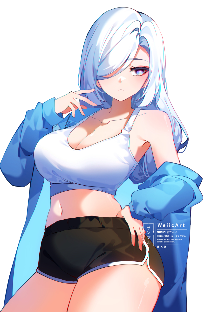 1girl absurdres artist_name black_jacket black_shorts blue_eyes breasts cleavage closed_mouth collarbone genshin_impact gym_shorts hair_over_one_eye highres jacket large_breasts long_hair long_sleeves midriff navel shenhe_(genshin_impact) shorts solo sports_bra sportswear twitter_username weiic white_background white_hair white_sports_bra