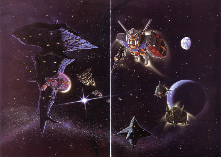 absurdres big_zam crease earth_(planet) elmeth gelgoog gun gundam highres mecha mobile_suit_gundam official_art ookawara_kunio planet rick_dom robot rx-78-2_gundam scan shield space weapon zeong