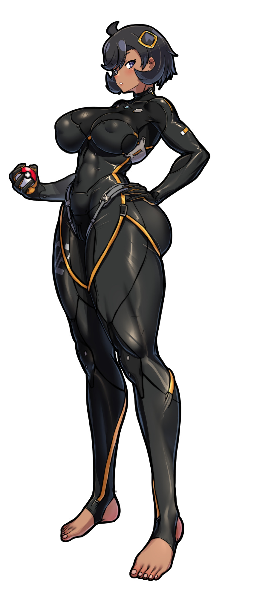 absurdres ass barefoot bodysuit breasts dark_skin emma_(pokemon) highres impossible_bodysuit impossible_clothes impossible_leotard large_breasts leotard mold_(pixiv6616319) nintendo pokemon pokemon_legends:_z-a skin_tight