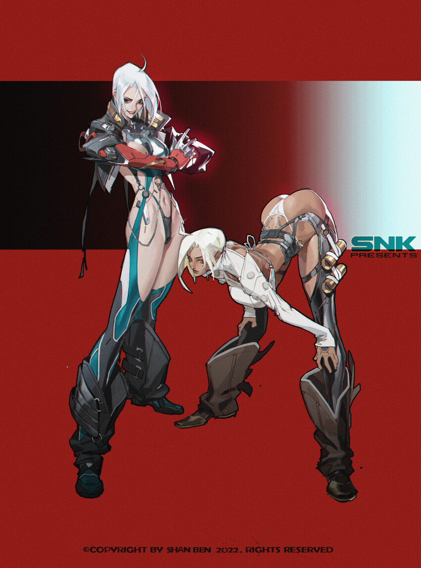 2022 2girls adapted_costume ahoge alternate_costume alternate_skin_color angel_(kof) ass bodysuit boots breasts copyright_name crossed_arms cyborg dark-skinned_female dark_skin full_body hood hoodie joints large_breasts lips mechanical_arms mexican_(nationality) multiple_girls navel panties red_background robot_joints serious smile snk stretching the_king_of_fighters thong top-down_bottom-up underwear white_hair white_panties yamamoto_dove