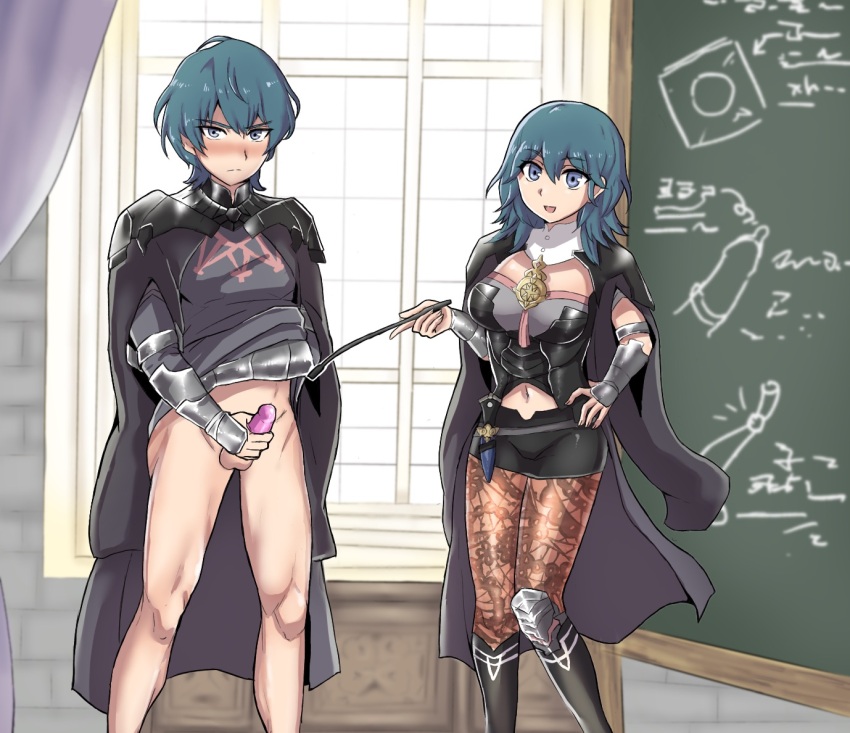 1boy 1girl azna big_breasts blue_eyes blush bottomless female_byleth_(fire_emblem) male_byleth_(fire_emblem) chalkboard condom condom_on_penis dual_persona embarrassed exhibitionism fire_emblem fire_emblem:_three_houses katikunikamihainai leggings looking_at_viewer medium_hair multiple_persona navel nintendo onsenmainiti open_mouth penis pointer pointing public_indecency sex_ed sex_education short_hair shorts smile teacher teaching aqua_hair