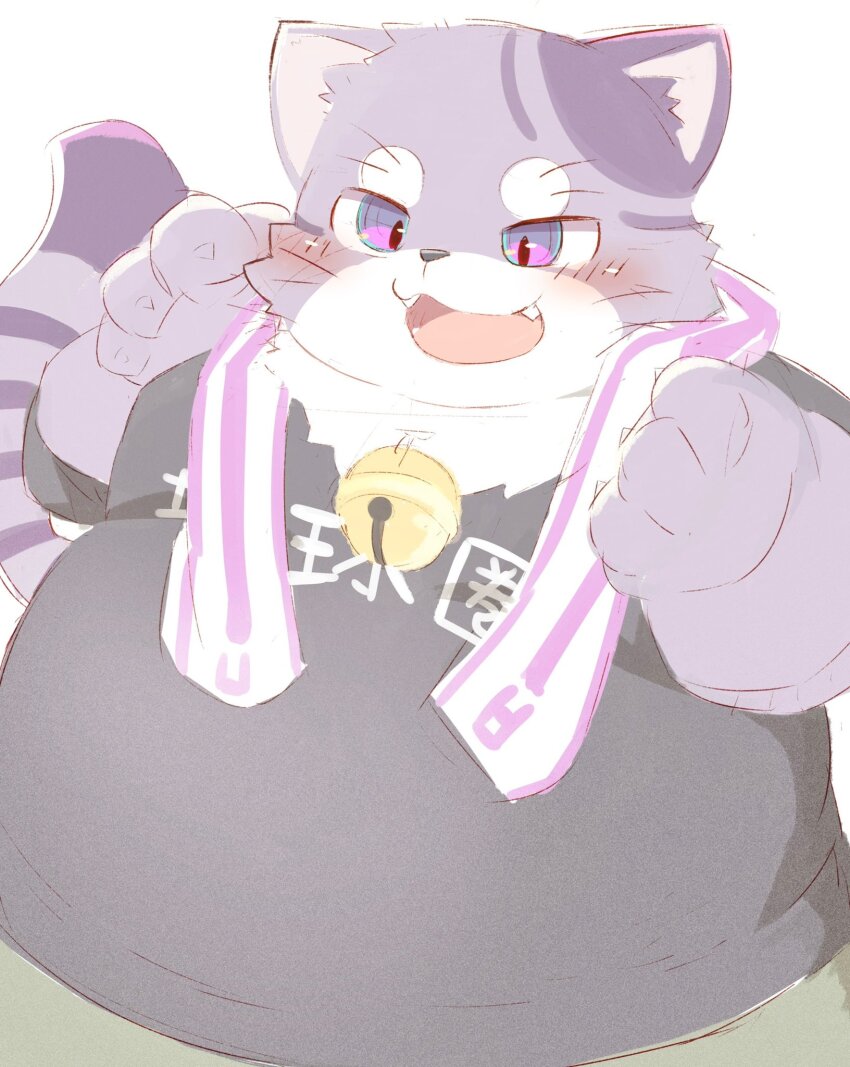 1boy animal_ears bell belly black_shirt bygul_(live_a_hero) cat_boy cat_ears cat_nose cat_tail fangs fat furry furry_male highres jingle_bell kyo_mas06 live_a_hero looking_to_the_side male_focus open_mouth plump purple_eyes purple_fur shirt smile tail towel towel_around_neck translation_request whiskers