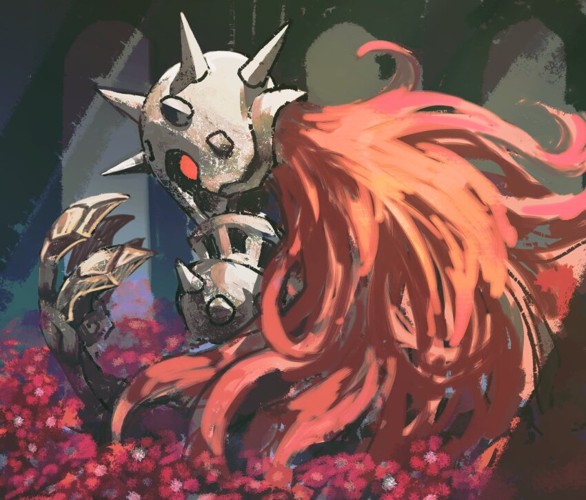 1boy armor claw_(weapon) commentary_request ender_lilies_quietus_of_the_knights flower helm helmet highres knight long_hair natanekoko red_flower red_hair solo spiked_armor ulv_the_mad_knight weapon