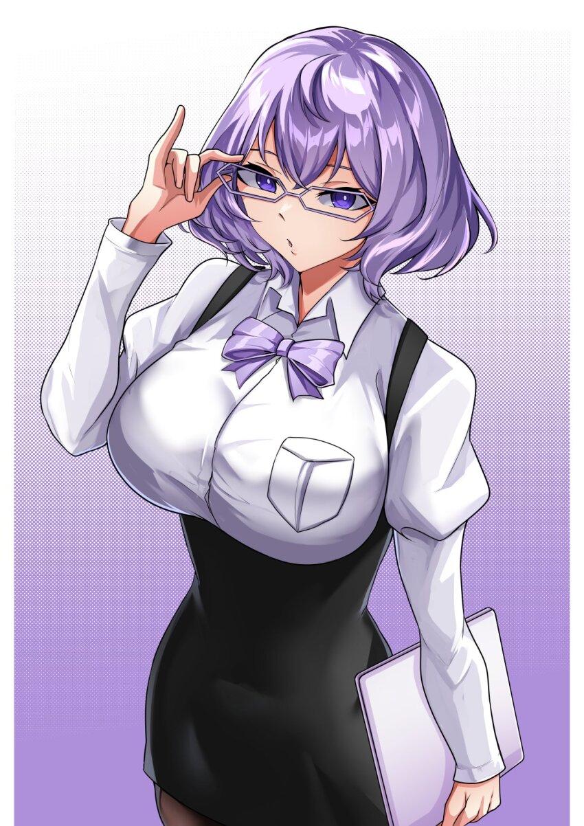 1girl adjusting_eyewear black_skirt breasts cowboy_shot digimon digimon_world_re:digitize glasses gradient_background highres hisuikouha holding large_breasts mikagura_mirei overall_skirt purple_background purple_eyes purple_hair shirt short_hair simple_background skirt solo white_background white_shirt