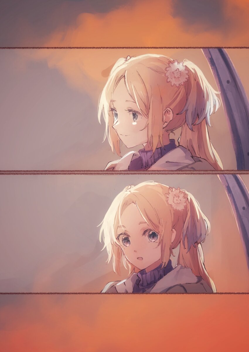 1girl blonde_hair blue_eyes blue_hair commentary fang flower gradient_hair grey_jacket hair_flower hair_ornament hashtag-only_commentary highres hood hoodie jacket l9525 link!_like!_love_live! long_hair love_live! multicolored_hair official_alternate_costume osawa_rurino osawa_rurino_(winter_casual) parted_bangs pink_flower purple_sweater sweater turtleneck turtleneck_sweater twintails virtual_youtuber white_hoodie
