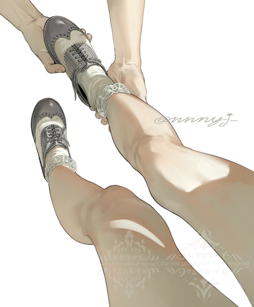 2others ankle_grab artist_name close-up commentary_request feet highres lace-trimmed_socks leg_focus lower_body multicolored_shoes multiple_others nnnyj original pov pov_legs putting_on_footwear saddle_shoes shoelaces shoes simple_background socks solo_focus twitter_username two-tone_shoes watermark white_background white_socks