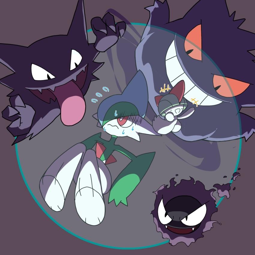 +++ 1boy 1other arms_up black_eyes blue_hair blunt_bangs bowl_cut bright_pupils closed_mouth colored_sclera colored_skin covered_eyes energy_barrier fangs floating flying_sweatdrops full_body gallade gastly gen_1_pokemon gen_3_pokemon gen_4_pokemon gengar green_hair green_skin grin hair_over_eyes hair_over_one_eye happy haunter mohawk monya multicolored_hair multicolored_skin nervous nervous_sweating nintendo no_feet one_eye_covered outstretched_arms pokemon pokemon_(creature) ralts rayman_limbs red_eyes red_sclera smile sweat teeth two-tone_hair two-tone_skin underlighting wavy_mouth white_pupils white_skin