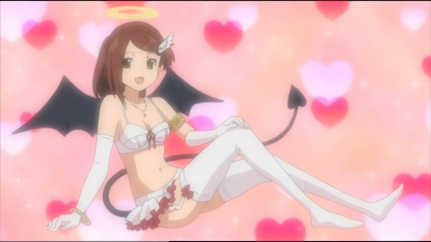 1girl anime_screenshot black_tail black_wings bra bracelet breasts brown_hair gloves jewelry kissxsis medium_breasts open_mouth sitting skirt solo suminoe_ako tail thighhighs underwear white_bra white_gloves white_thighhighs wings