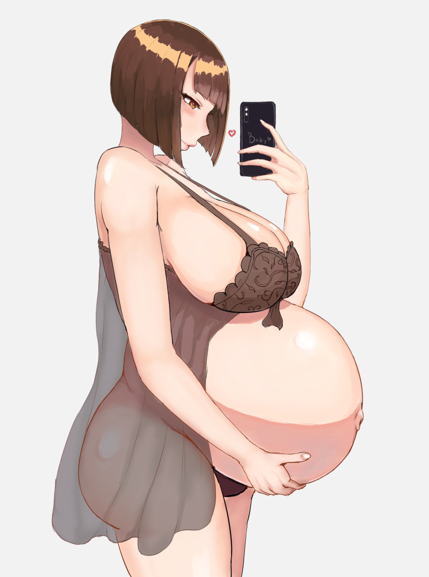 13otsu 1girl absurdres babydoll big_belly blunt_bangs blush bob_cut bra breasts brown_eyes brown_hair cellphone cleavage curvy gluteal_fold hand_on_own_stomach heart highres huge_breasts large_breasts looking_at_phone mature_female original outie_navel panties phone pregnant shiny_skin short_hair sidelocks sitting smartphone solo thick_thighs thighs underwear veiny_stomach white_background wide_hips
