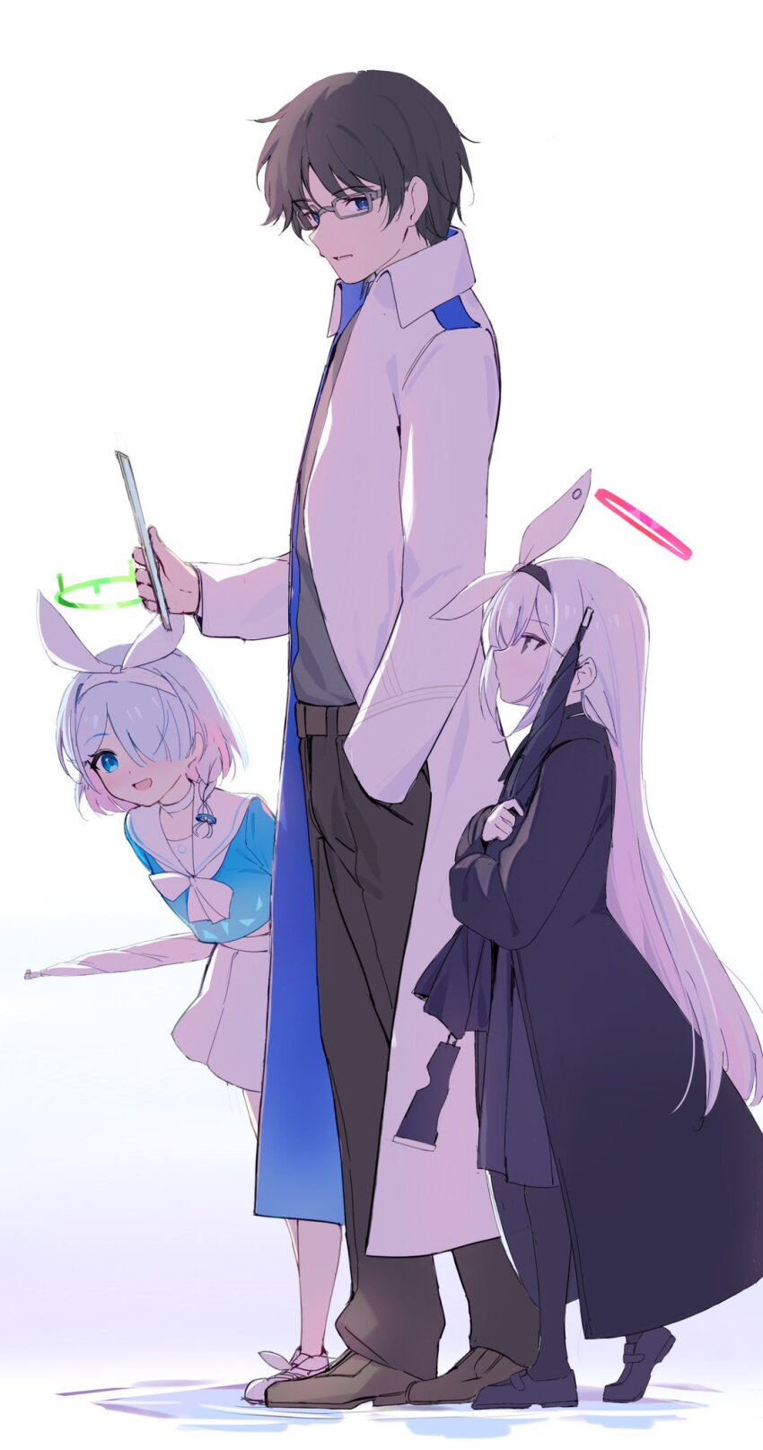 1boy 2girls aqua_hair arona_(blue_archive) backlighting black_choker black_coat black_eyes black_footwear black_hair black_pantyhose black_serafuku black_skirt blue_archive blue_eyes braid choker closed_umbrella coat colored_inner_hair commentary_request from_side glasses gun hair_over_one_eye hairband halo height_difference highres holding holding_tablet_pc holding_umbrella leaning_forward long_hair long_sleeves looking_at_another multicolored_hair multiple_girls open_clothes open_coat pantyhose plana_(blue_archive) pleated_skirt rifle s.w school_uniform sensei_(blue_archive) serafuku shoes short_hair sidelocks simple_background single_braid size_difference skirt sneakers tablet_pc two-tone_hair umbrella walking weapon white_background white_choker white_footwear white_hair white_skirt
