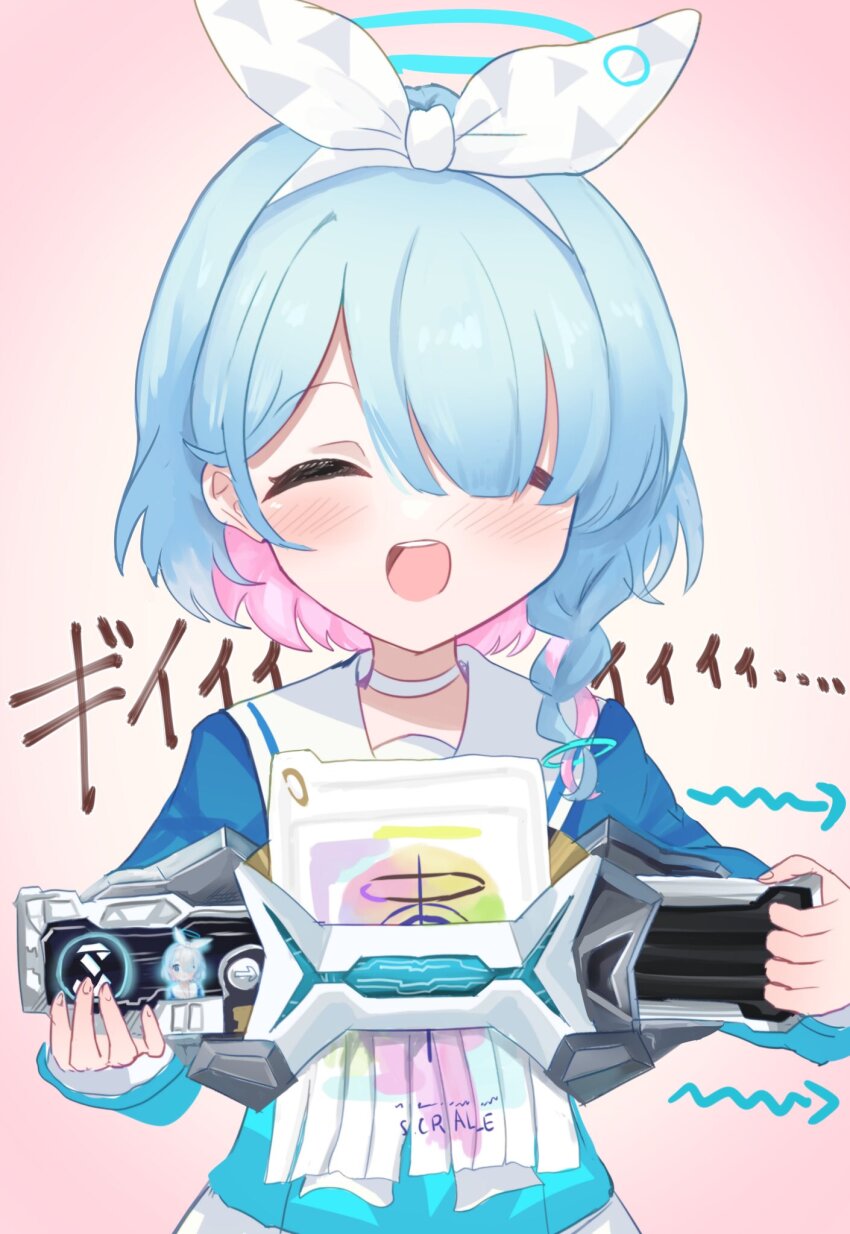 arona_(blue_archive) blue_archive blue_hair blue_halo blue_shirt blush bow_hairband braid choker closed_eyes colored_inner_hair rider_belt envelope gacha_(game_mechanic) hair_over_one_eye hairband halo highres kamen_rider kamen_rider_outsiders kamen_rider_zein kamen_rider_zein_progrise_key light_blue_hair multicolored_hair open_mouth paper_shredder pink_hair progrise_key rider_belt shirt sound_effects uttsu_(yumaviviane) white_choker white_hairband zein_driver