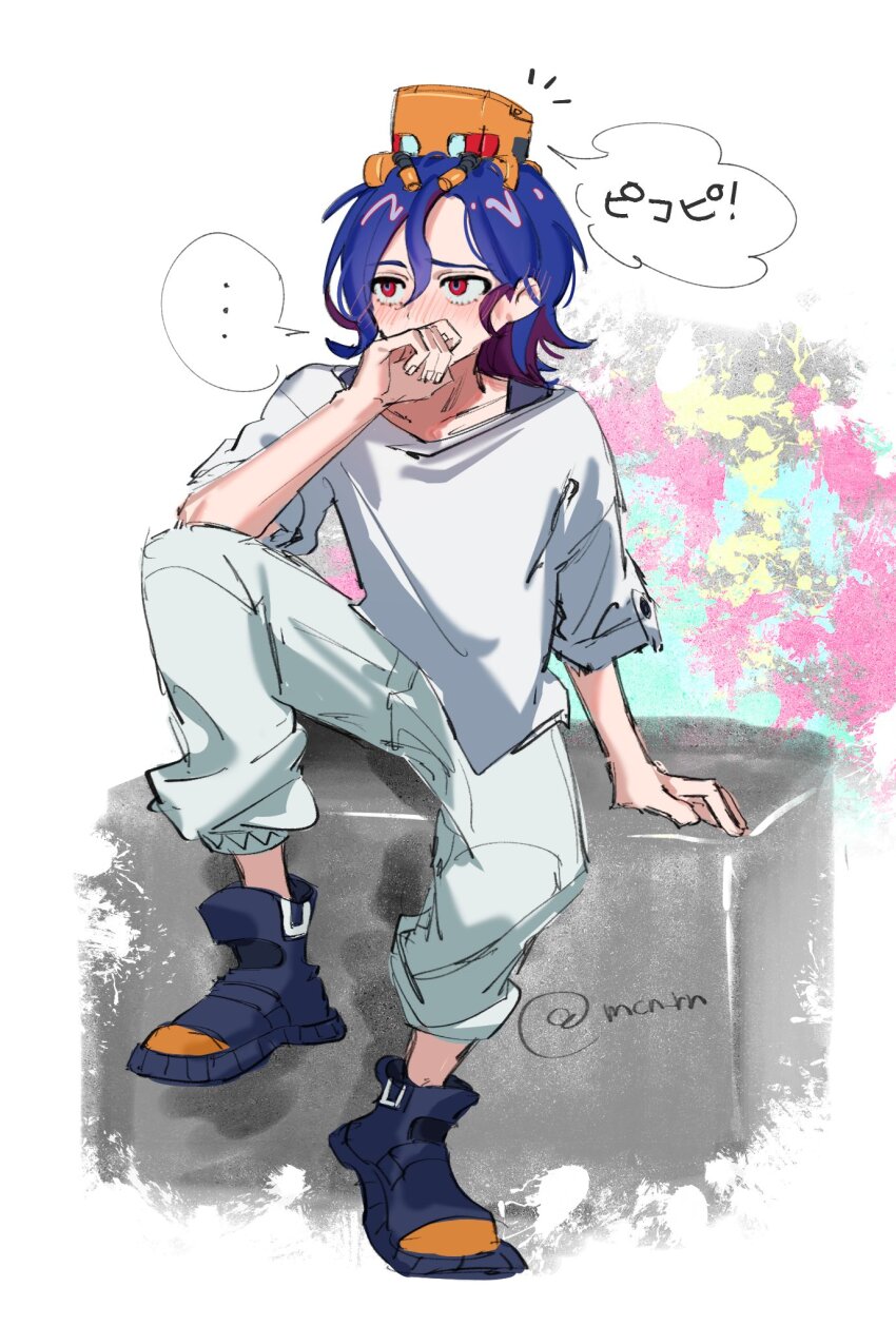 ... 1boy blue_hair blush boots colored_inner_hair conch_(gundam) full_body gundam gundam_gquuuuuux highres lower_eyelashes_only male_focus mochino_ron multicolored_hair non-humanoid_robot pants purple_hair red_eyes robot shirt short_hair shuji_ito sitting solo spoken_ellipsis spray_paint two-tone_hair white_shirt
