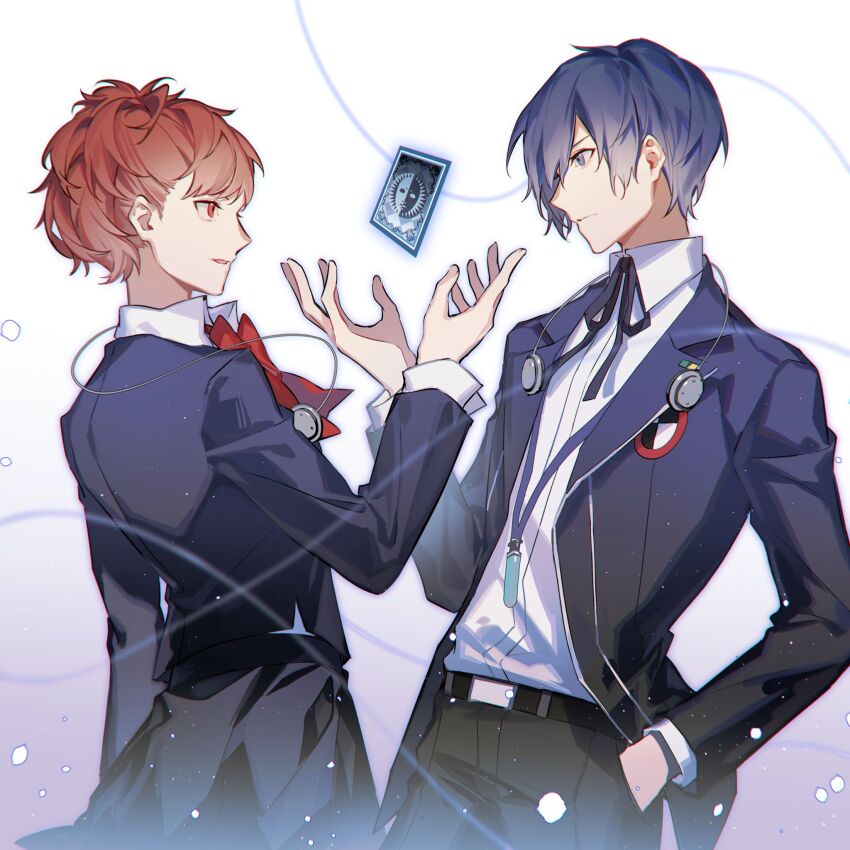 1boy 1girl black_jacket black_pants black_ribbon black_skirt blue_eyes blue_hair brown_hair card floating_card gekkoukan_high_school_uniform hand_in_pocket hashtag-only_commentary highres jacket lluyss long_sleeves neck_ribbon pants parted_lips persona persona_3 persona_3_portable ponytail red_eyes red_ribbon ribbon school_uniform shiomi_kotone shirt short_hair skirt white_background white_shirt yuuki_makoto_(persona_3)