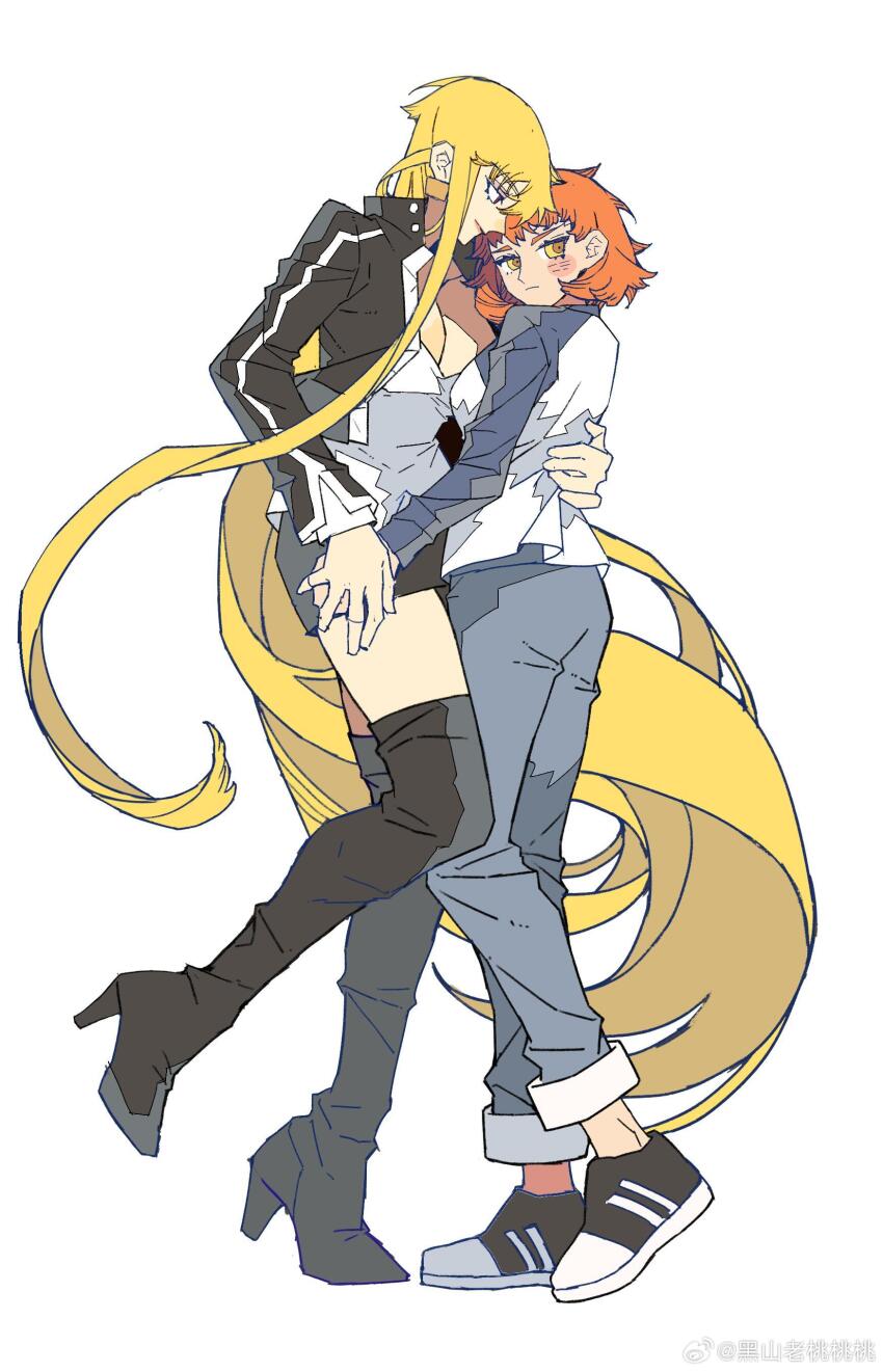 2girls absurdres black_eyes black_footwear black_jacket black_skirt blonde_hair blue_pants blue_sleeves blush_stickers bob_cut boots breasts chinese_commentary cleavage closed_mouth collared_jacket collared_shirt commentary_request cropped_jacket denim emiya_shirou eyelashes fate/stay_night fate_(series) full_body genderswap genderswap_(mtf) gilgamesh_(fate) gilgamesh_(immoral_biker_jacket)_(fate) hand_on_another&#039;s_back heads_together high_collar high_heel_boots high_heels highres holding_hands hug jacket jeans large_breasts layered_sleeves light_frown long_hair long_sleeves looking_at_another looking_to_the_side miniskirt momo_007 multiple_girls open_clothes open_jacket orange_hair pants pencil_skirt shirt shoes short_hair simple_background single_blush_sticker single_sidelock skirt smile sneakers standing thigh_boots very_long_hair watermark wavy_hair weibo_watermark white_background white_shirt yellow_eyes yuri