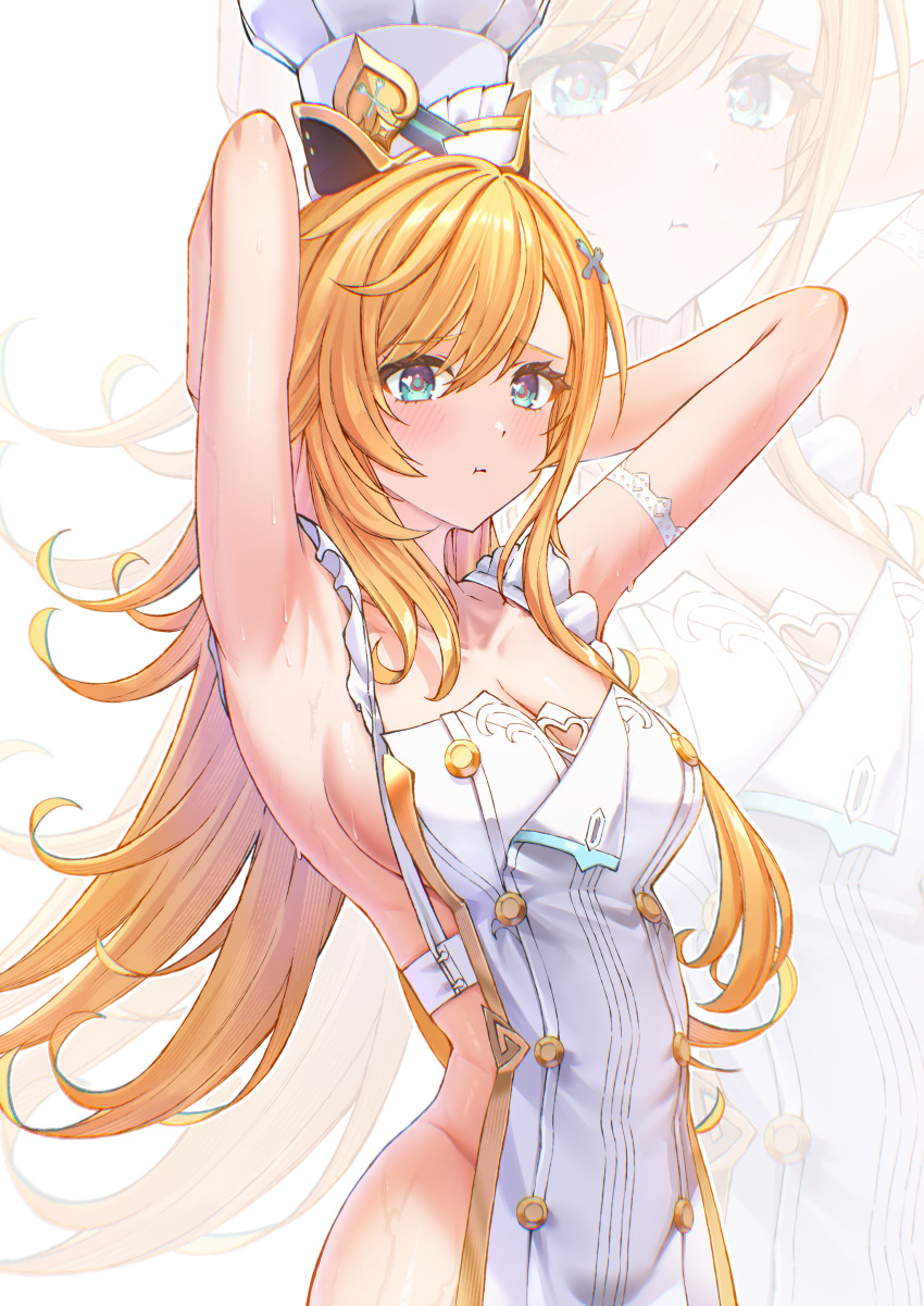 1girl absurdres apron armpits arms_behind_head bare_shoulders blonde_hair blush breasts chef chef_hat cleavage cowboy_shot cowlick escoffier_(genshin_impact) genshin_impact green_eyes hair_ornament hat highres long_hair looking_at_viewer mack_(13mcqn) medium_breasts naked_apron pout sideboob solo sweat symbol_in_eye white_apron white_hat zoom_layer