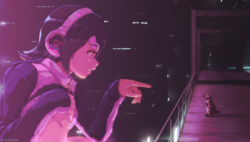 1boy 1girl animal_ears armband bird black_hair blade_runner_(series) blade_runner_2049 breasts brown_eyes catwalk_(walkway) clothes_lift giant giantess goslingposting_(meme) grape-kun headphones hologram humboldt_penguin humboldt_penguin_(kemono_friends) jacket kemono_friends lifting_own_clothes medium_breasts midriff movie_reference multicolored_hair neon_palette open_mouth parody penguin penguin_tail pink_hair purple_armband scene_reference science_fiction shirt shirt_lift short_hair smile tail tyrone
