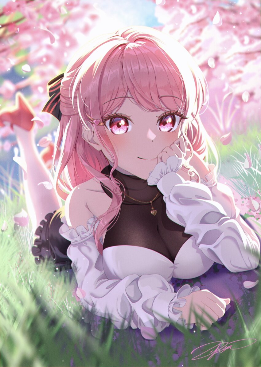 1girl bang_dream! bare_shoulders black_skirt bow breasts cherry_blossoms collar frilled_shirt frilled_skirt frilled_sleeves frills grass hair_bow hair_ornament heart heart_hair_ornament high_heels highres long_sleeves looking_at_viewer lying maruyama_aya medium_breasts on_back pantyhose petals pink_eyes pink_hair pink_shoes shirt shoes sign skirt smile solo white_pantyhose zuka_ryu