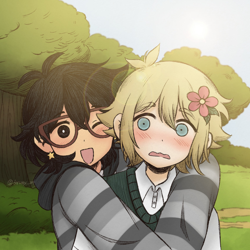 1boy 1girl ;d antenna_hair basil_(faraway)_(omori) basil_(omori) black_eyes black_hair blonde_hair blue_eyes blush brown-framed_eyewear collared_shirt day donuqx earrings flower glasses green_sweater_vest hair_flower hair_ornament hatching_(texture) highres hood hoodie hug jewelry long_sleeves looking_at_another mincy_(omori) omocat_(style) omori one_eye_closed open_mouth outdoors shirt short_hair short_sleeves smile star_(symbol) star_earrings sweater_vest twitter_username white_shirt
