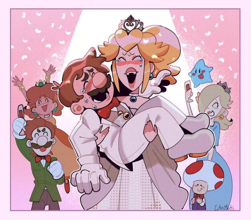 3boys 3girls ^_^ ^q^ artist_name blonde_hair bow bowtie brown_hair carrying closed_eyes crown crying dress earrings elbow_gloves gloves highres jewelry luigi luma_(mario) mario mario_(series) multiple_boys multiple_girls nintendo princess_carry princess_daisy princess_peach reverse_princess_carry rosalina strapless strapless_dress super_mario_odyssey tiara toad_(mario) tuxedo wedding wedding_dress white_gloves