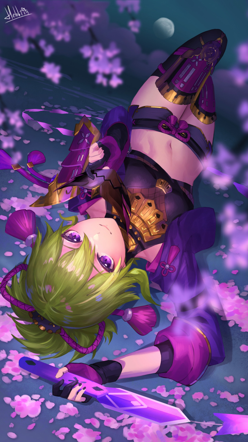 1girl artist_name black_mask black_shorts breasts cherry_blossoms chinese_commentary closed_mouth commentary crop_top cropped_jacket fishnet_top fishnets genshin_impact gloves green_hair hebbtia highres holding holding_mask holding_weapon jacket knee_up kuki_shinobu looking_up lying mask medium_breasts moon mouth_mask navel ninja_mask on_back partially_fingerless_gloves petals purple_eyes purple_jacket purple_rope revision rope shimenawa short_hair short_shorts shorts smile solo stomach thighhighs upside-down weapon