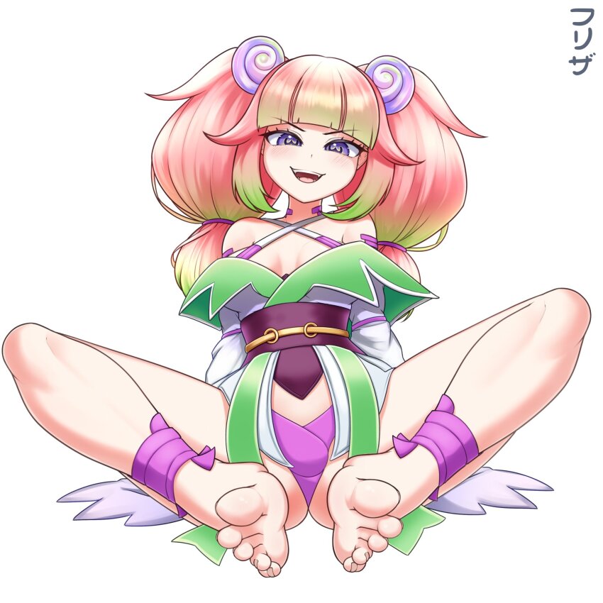 1girl :d artist_name barefoot breasts cleavage dress efreezerarts feet full_body highres large_breasts long_hair looking_at_viewer open_mouth pink_hair purple_eyes second-party_source simple_background smile soles solo stronny_cuttles toes twintails vallure virtual_youtuber white_background white_dress