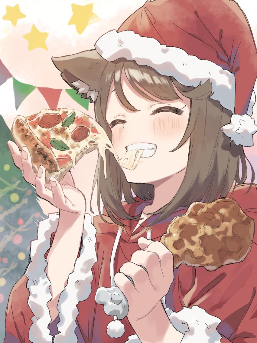 1girl ^_^ animal_ear_fluff animal_ears biting blush brown_hair chicken_(food) chicken_leg chinagi_(kohitsujida) christmas_tree closed_eyes food fur-trimmed_headwear fur-trimmed_hoodie fur_trim hat highres holding holding_food holding_pizza hood hood_down hoodie kohitsujida long_sleeves medium_hair original pizza pom_pom_(clothes) red_hat red_hoodie santa_costume santa_hat smile solo star_(symbol) teeth upper_body wide_sleeves wolf_ears wolf_girl