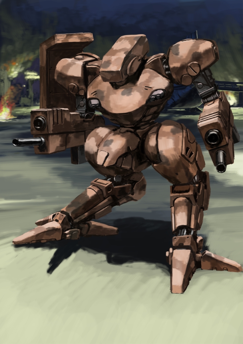 1other arm_cannon dual_arm_cannons dual_wielding front_mission gun gust_(front_mission) highres holding mecha no_humans reverse-jointed_legs robot tyokugekidato weapon