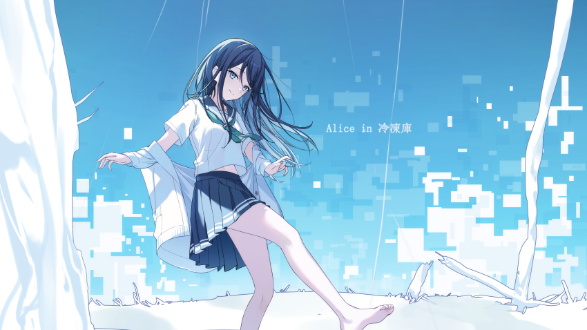 1girl absurdres alice_in_reitouko_(vocaloid) bare_legs barefoot blue_eyes blue_hair blue_sailor_collar blue_skirt closed_mouth glitch highres hoshino_ichika_(project_sekai) jacket long_hair looking_at_viewer miniskirt navel neckerchief pleated_skirt project_sekai sailor_collar school_uniform serafuku shirt shirt_overhang short_sleeves skirt smile solo timmoo white_jacket white_serafuku white_shirt