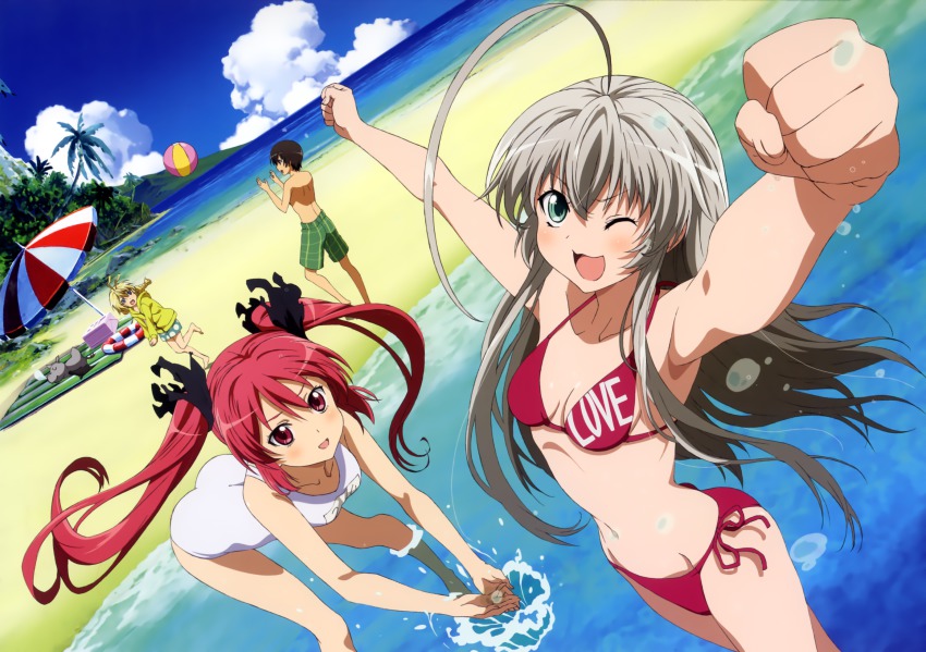 2boys 2girls ahoge antenna_hair armpits back beach bikini bikini_writing blonde_hair blue_eyes blue_male_swimwear blue_swim_trunks braid breasts brown_hair cleavage clothes_writing cthugha_(nyaruko-san) cupping_hands day english_text foreshortening from_above green_eyes green_male_swimwear green_swim_trunks grey_hair hair_between_eyes haiyore!_nyaruko-san halterneck hastur_(nyaruko-san) highres huge_ahoge legs_apart lifebuoy long_hair male_swimwear multiple_boys multiple_girls name_tag narrow_waist navel nyarlathotep_(nyaruko-san) ocean official_art one-piece_swimsuit one_eye_closed ono_kazumi open_mouth outdoors own_hands_together palm_tree plaid_clothes polka_dot polka_dot_male_swimwear polka_dot_swimsuit print_male_swimwear print_swim_trunks print_swimsuit red_bikini red_eyes school_swimsuit shantak_(nyaruko-san) short_hair side-tie_bikini_bottom single_braid string_bikini swim_ring swim_trunks swimsuit swimsuit_writing tree twintails v-shaped_eyebrows very_long_hair wading water water_drop white_one-piece_swimsuit white_school_swimsuit wink yasaka_mahiro