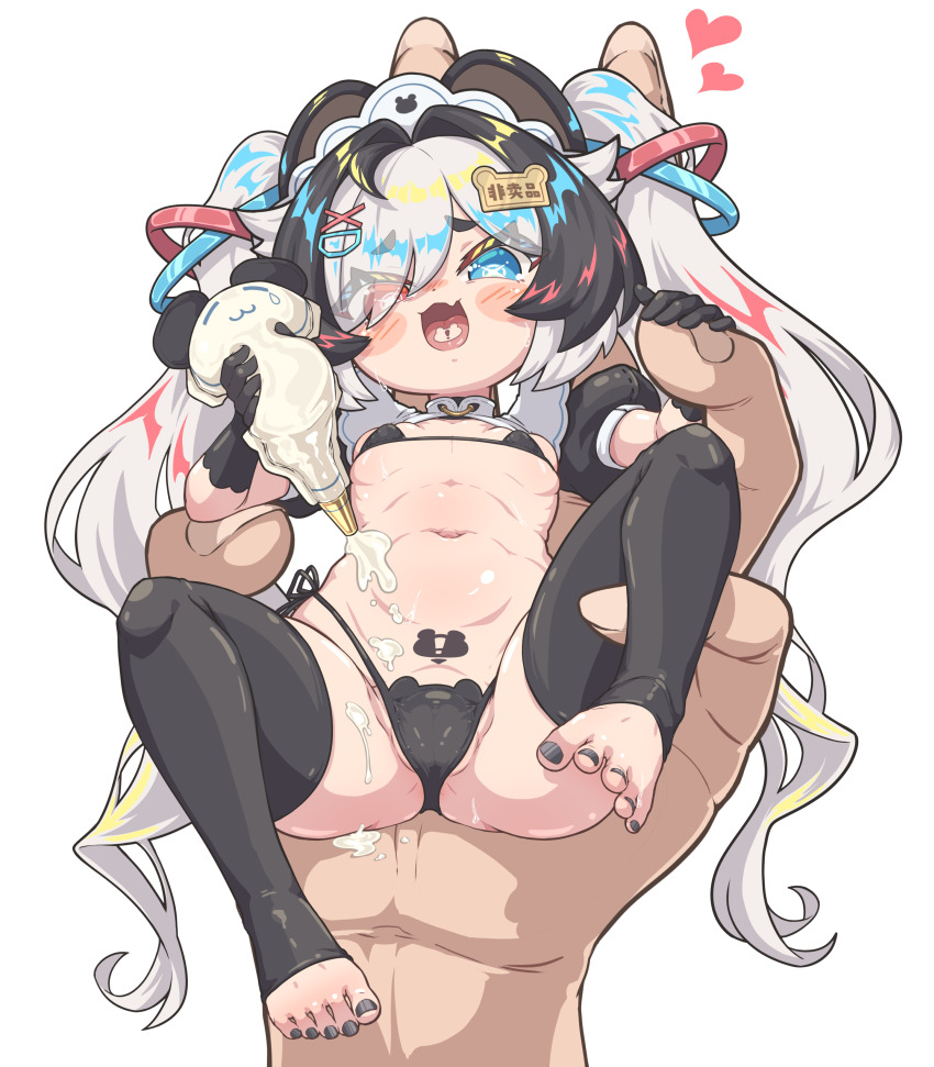 1girl absurdres bikini black_bikini black_gloves black_nails blue_eyes commission gloves heart highres loli long_hair multicolored_hair nail_polish navel open_mouth original swimsuit syam_illust thighhighs toenail_polish toenails twintails white_hair