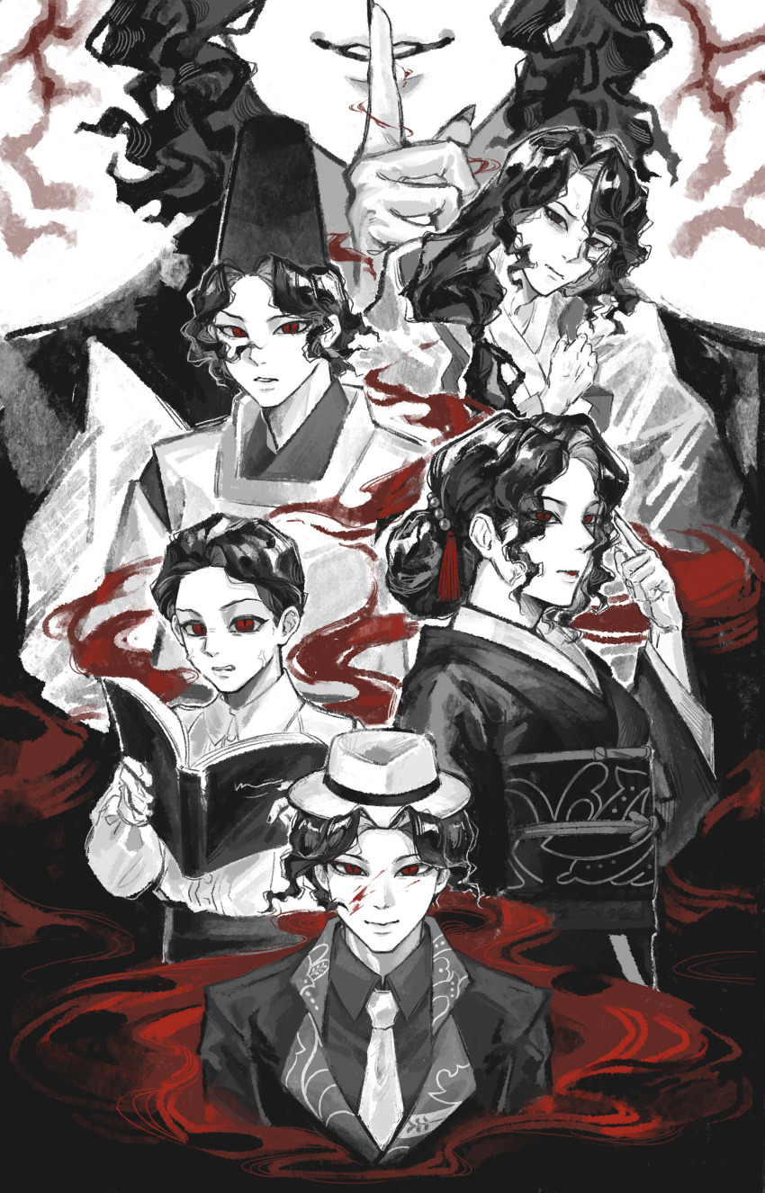 1boy 1girl 6+boys absurdres angry black_hair black_kimono black_suit book child fingernails floral_print formal_clothes hat highres japanese_clothes kibutsuji_muzan kibutsuji_muzan_(female) kimetsu_no_yaiba kimono long_sleeves multiple_boys red_eyes red_lips sharp_fingernails slit_pupils suit wavy_hair yanwangdijundefawaikuangdoge