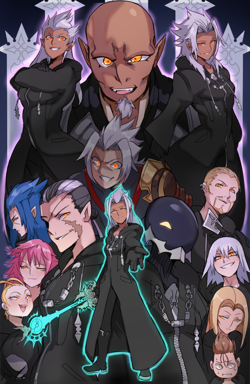0lightsource 1girl 1other 6+boys absurdres ansem_seeker_of_darkness aura black_coat black_coat_(kingdom_hearts) blonde_hair card coat commentary demyx english_commentary evil_smile eyepatch facial_hair glowing glowing_eyes goatee highres hood hood_up keyblade kingdom_hearts kingdom_hearts_iii larxene luxord marluxia mask master_xehanort multiple_boys organization_xiii pink_hair pointy_ears possessed riku_replica saix scar silver_hair smile spiked_hair terra_(kingdom_hearts) vanitas_(kingdom_hearts) vexen xehanort xemnas xigbar xion_(kingdom_hearts) yellow_eyes