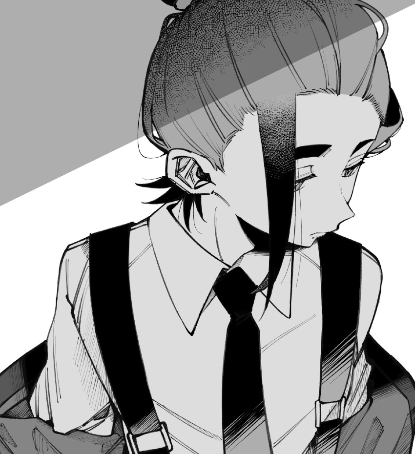 1boy alternate_costume closed_mouth collared_shirt greyscale hei_tai_(kyaputen1) highres jacket kieran_(pokemon) male_focus monochrome necktie nintendo off_shoulder open_clothes open_jacket pokemon pokemon_sv shirt simple_background solo suspenders upper_body