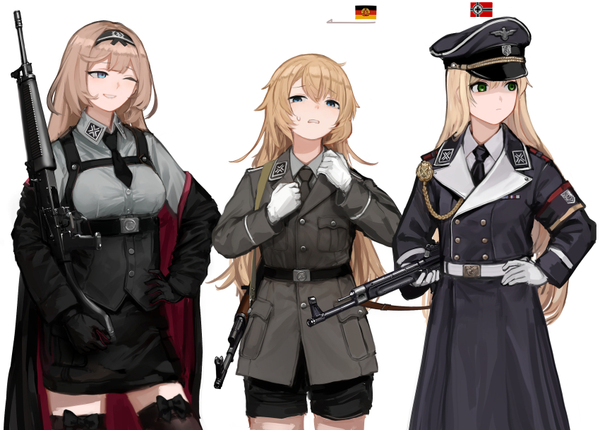 3girls armband assault_rifle averting_eyes black_armband black_dress black_footwear black_headwear black_jacket black_necktie black_skirt black_thighhighs blonde_hair blue_eyes breasts brown_necktie character_request coat dress east_german_flag east_germany girls&#039;_frontline gloves green_eyes green_jacket griffin_&amp;_kryuger_logo gun gun_sling hat highres jacket looking_to_the_side medium_breasts military_coat military_dress_uniform military_hat military_jacket military_uniform multicolored_coat multiple_girls nazi nazi_war_ensign necktie rampart1028 rifle shirt skirt smile stg-940_(girls&#039;_frontline) stg44 stg44_(girls&#039;_frontline) thighhighs two-tone_coat weapon weapon_request white_background white_gloves white_shirt wieger_stg-940