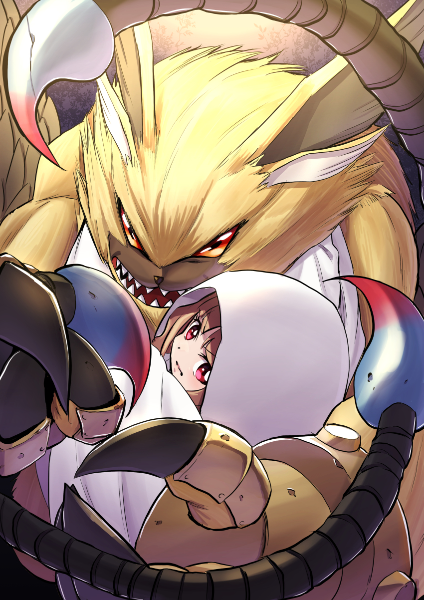 absurdres brown_hair digimon highres lamortmon long_hair manticoremon pink_eyes symbareangoramon tail tsukiyono_ruli