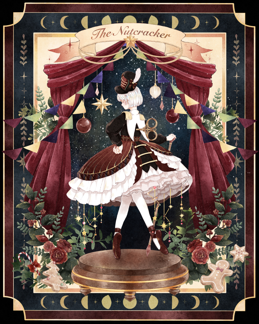 1girl absurdres ballet_slippers border candy candy_cane cane christmas christmas_ornaments closed_eyes colored_eyelashes commentary_request curtains dress en_pointe english_text epaulettes flower food frilled_dress frills from_behind full_body gingerbread_cookie hand_on_own_hip hat hat_feather highres holding holding_cane mashiro_musashi moon_phases original platform rose shako_cap short_hair solo star_(symbol) string_of_flags the_nutcracker white_hair winding_key