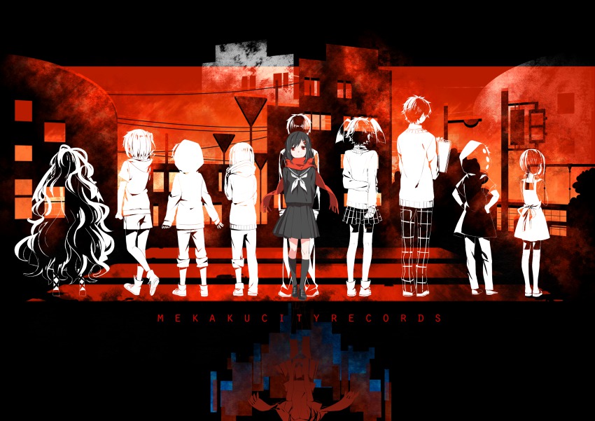4boys 6+girls aged_down asahina_hiyori azami_(kagerou_project) black_hair dekatanaba different_reflection enomoto_takane hair_ornament hairclip highres hood hoodie kagerou_project kano_shuuya kido_tsubomi kisaragi_momo kisaragi_shintarou kokonose_haruka long_hair multiple_boys multiple_girls pants plaid_clothes plaid_pants plaid_skirt red_eyes red_scarf reflection scarf school_uniform serafuku seto_kousuke short_hair skirt tateyama_ayano twintails very_long_hair vocaloid