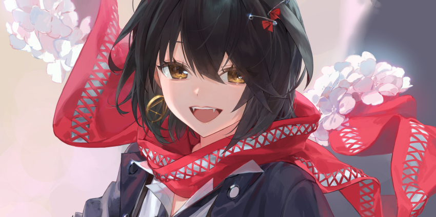 1boy androgynous black_hair black_jacket black_necktie brown_eyes dress_shirt earrings fangs flower hair_between_eyes highres jacket jewelry looking_at_viewer male_focus mashiro_meme mashiro_meme_(1st_costume) naoko_(naonocoto) necktie nijisanji open_mouth red_scarf safety_pin scarf shirt solo teeth upper_teeth_only virtual_youtuber white_shirt