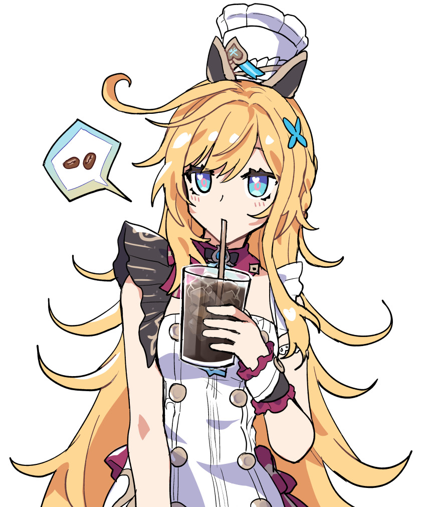 1girl absurdres apron bare_arms blonde_hair blue_eyes chef_hat coffee_beans cowlick cup drink drinking_glass drinking_straw drinking_straw_in_mouth escoffier_(genshin_impact) frills genshin_impact hair_ornament hand_up hat highres holding holding_cup long_hair looking_to_the_side parted_bangs sakana_(fishchunk) simple_background solo upper_body very_long_hair white_background wrist_cuffs