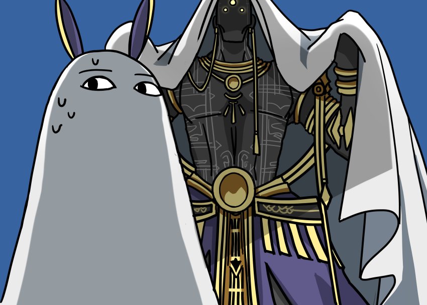 1boy 1girl absurdres animal_ears bald blue_background commentary_request cosplay darius_iii_(fate) dark_skin dark-skinned_male fate/grand_order fate_(series) glowing glowing_eyes highres looking_at_another medjed_(fate) medjed_(fate)_(cosplay) nitocris_(fate) nitocris_(swimsuit_assassin)_(fate) shadow tattoo yellow_eyes yuuma_(u-ma)