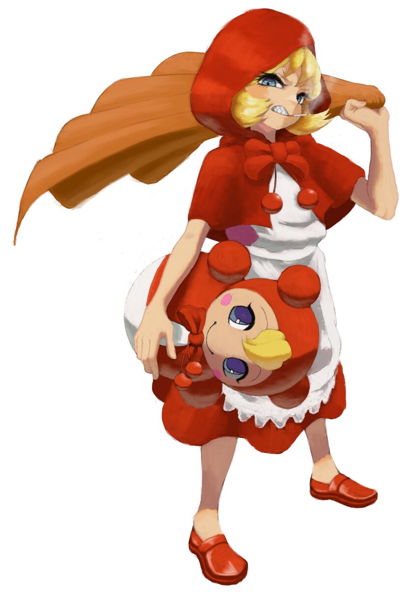 1girl absurdres b.b._hood blonde_hair blue_eyes capelet cigarette darkstalkers dress full_body grin highres holding holding_stuffed_toy hood hooded_capelet looking_at_viewer nojob_hiro red_capelet sharp_teeth short_hair simple_background smile smoking solo stuffed_toy teeth white_background
