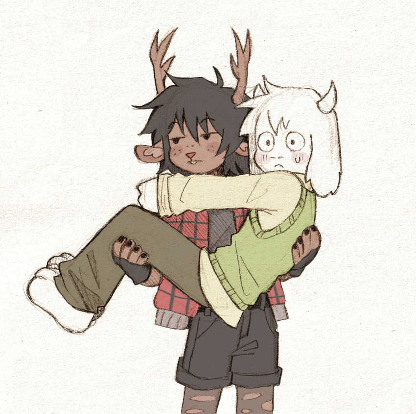 1boy 1girl animal_ears antlers asriel_dreemurr black_gloves black_nails black_pantyhose black_shorts carrying carrying_person commentary december_holiday deer_antlers deer_ears deer_girl deltarune english_commentary fingerless_gloves furry furry_female furry_male gloves goat_ears goat_horns green_sweater_vest highres horns pantyhose plaid_clothes plaid_shirt red_shirt shirt shorts sweater_vest szivarvanyturmix02 torn_clothes torn_pantyhose white_horns white_shirt
