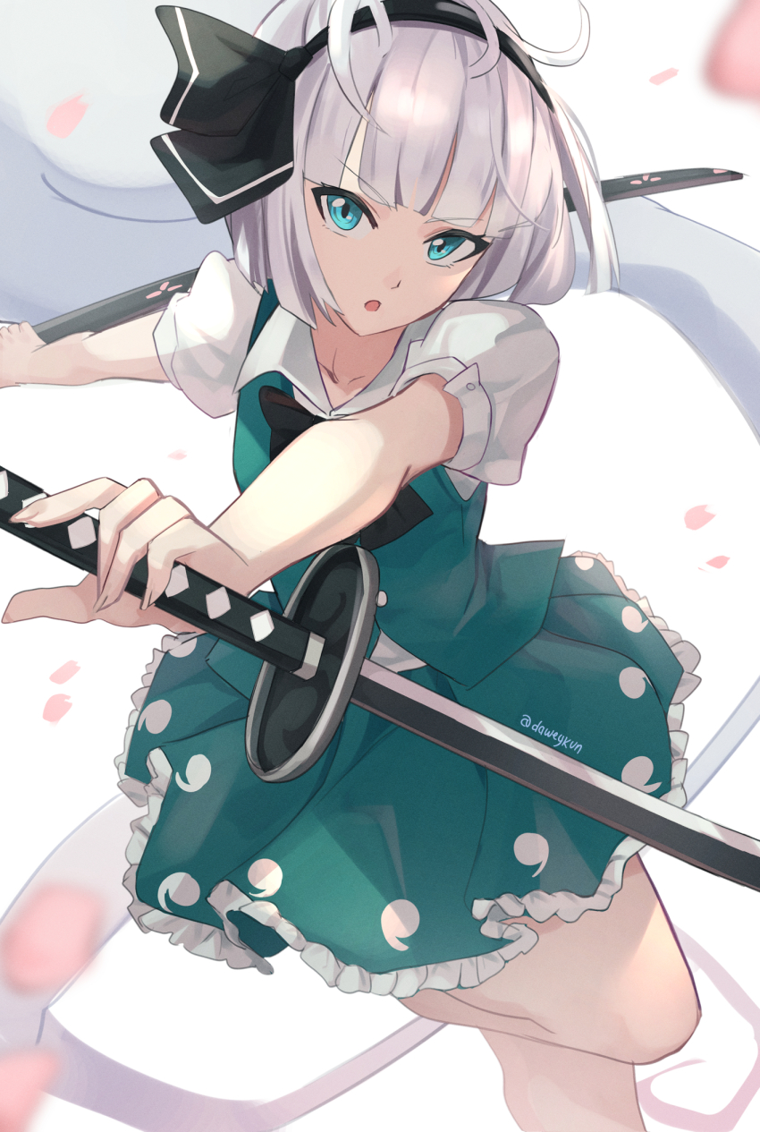 1girl aqua_eyes black_bow black_bowtie black_hairband black_ribbon bow bowtie collared_shirt daweykun frilled_skirt frills green_skirt green_vest grey_hair hair_ribbon hairband highres hitodama_print holding holding_sword holding_weapon katana konpaku_youmu looking_at_viewer open_mouth puffy_short_sleeves puffy_sleeves ribbon scabbard sheath shirt short_hair short_sleeves skirt skirt_set solo standing standing_on_one_leg sword touhou unsheathed vest wakizashi weapon white_hair white_shirt