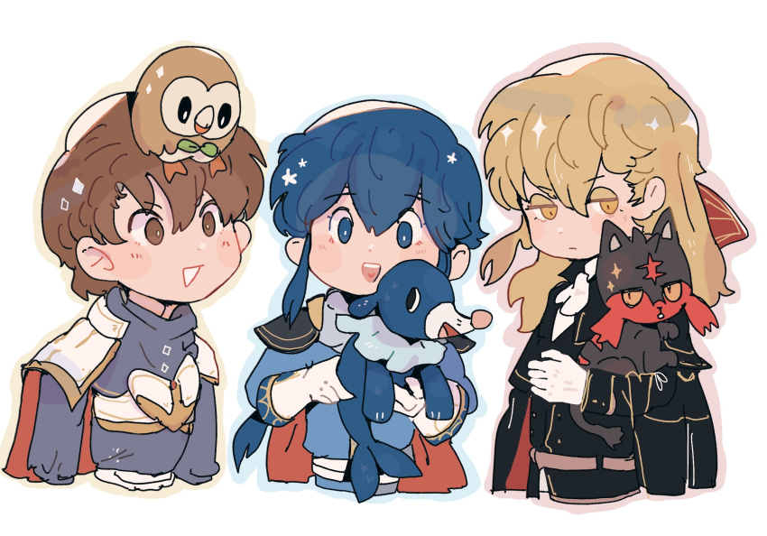 3boys :d ares_(fire_emblem) armor ascot belt black_cape black_jacket blonde_hair blue_eyes blue_hair blue_jacket blue_outline brown_eyes brown_hair byefrog cape chest_armor closed_mouth curtained_hair fire_emblem fire_emblem:_genealogy_of_the_holy_war gen_7_pokemon gloves grey_shirt hair_between_eyes heart heart_in_mouth highres holding holding_pokemon jacket jitome leif_(fire_emblem) light_blush litten long_hair long_sleeves looking_at_viewer low_ponytail multiple_boys nintendo on_head open_mouth outline pokemon pokemon_(creature) pokemon_on_head ponytail popplio raised_eyebrows red_lining red_outline rowlet seliph_(fire_emblem) shirt short_hair shoulder_armor sidelocks smile sparkle swept_bangs teeth upper_teeth_only v-shaped_eyebrows white_belt white_gloves wide-eyed yellow_eyes yellow_outline
