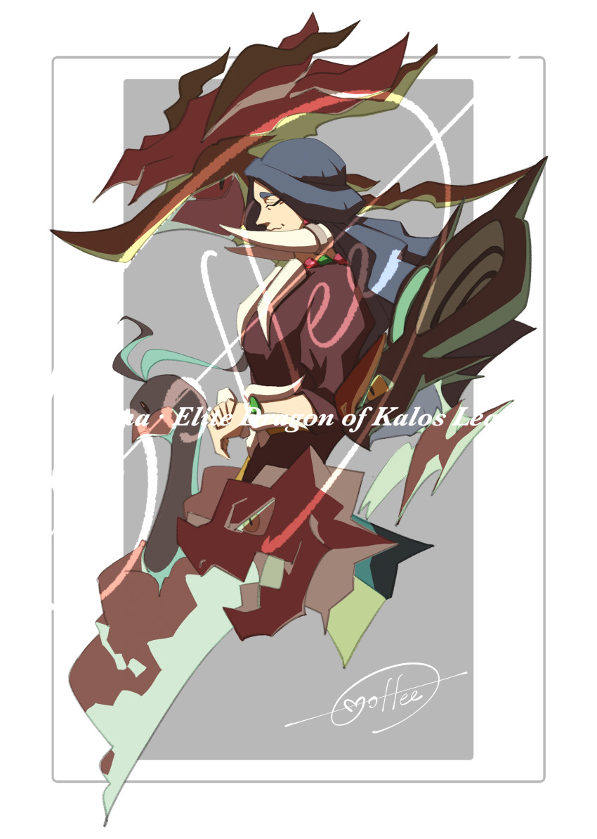 1girl absurdres altaria black_hair border brown_shirt cccacademia character_name closed_eyes closed_mouth commentary_request dragalge drasna_(pokemon) druddigon earrings gen_3_pokemon gen_5_pokemon gen_6_pokemon grey_background highres jewelry long_hair necklace nintendo noivern own_hands_together pokemon pokemon_(creature) pokemon_xy shirt signature three-quarter_sleeves white_border