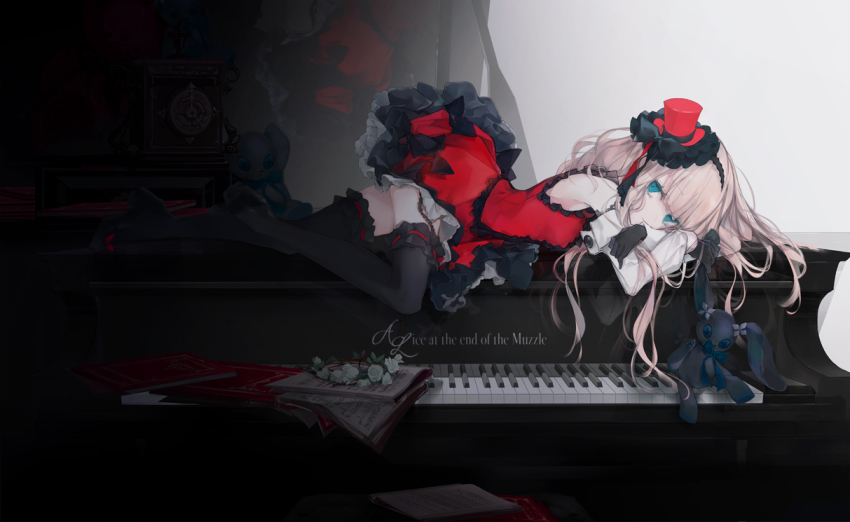 1girl black_gloves black_thighhighs blonde_hair blue_eyes blunt_bangs bow cierra_(ra-bit) commentary_request detached_sleeves dress english_text female_focus flower gloves hat instrument long_hair looking_at_viewer lying mini_hat original piano red_dress red_hat sheet_music sleeveless sleeveless_dress solo stuffed_animal stuffed_rabbit stuffed_toy thighhighs