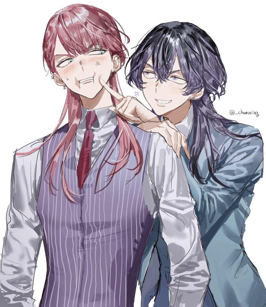 2boys absurdres annoyed arm_rest blue_suit blush chamuring cheek_poking evil_grin evil_smile formal_clothes frown green_eyes grin haitani_rindou hand_on_another&#039;s_shoulder highres leaning_on_person leaning_to_the_side light_blue_jacket male_focus multicolored_hair multiple_boys necktie pink_hair poking purple_hair purple_necktie purple_vest sanzu_haruchiyo scar scar_on_face shirt smile striped_clothes suit teeth tokyo_revengers two-tone_hair upper_body upper_teeth_only vest white_shirt wolf_cut yaoi