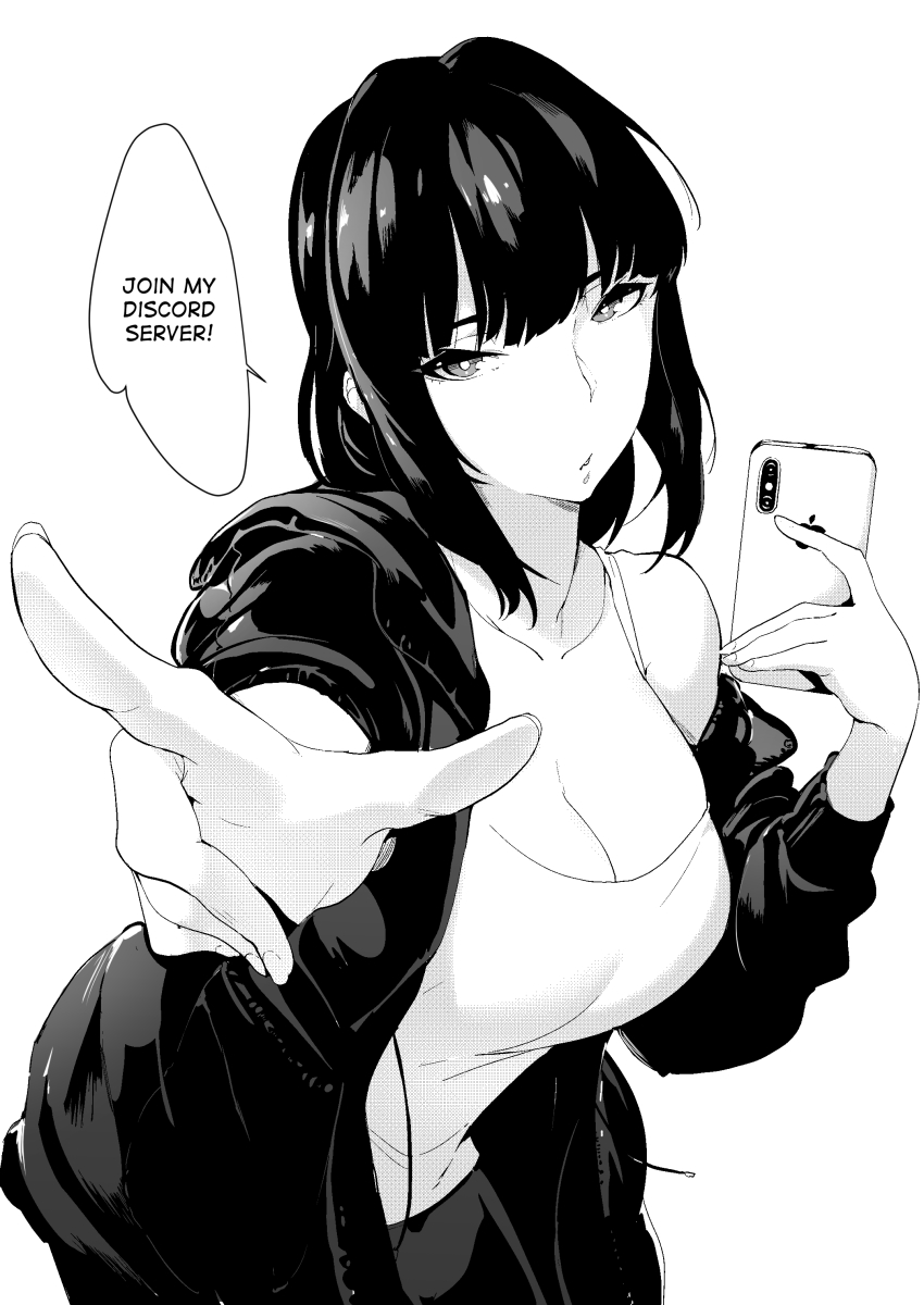 1girl absurdres breasts english_text foreshortening greyscale hair_intakes highres large_breasts long_hair looking_at_viewer lynus monochrome naoko_(lynus) off_shoulder original pointing pointing_at_viewer
