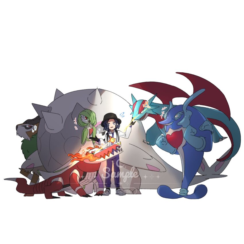 2girls :d black_gloves black_hat black_sclera blue_eyes blue_hair cetitan colored_sclera colored_skin commission fangs full_body gardevoir gen_3_pokemon gen_6_pokemon gloves gogoat green_hair green_skin hat highres looking_at_another looking_at_viewer multiple_girls necktie nintendo open_mouth palafin palafin_(hero) pants pokemon pokemon_(creature) pokemon_sv purple_necktie purple_pants red_eyes robinlovesop salamence school_uniform shirt shoes simple_background skeledirge skin_fangs smile standing uva_academy_school_uniform white_background white_shirt white_shoes white_skin yellow_eyes