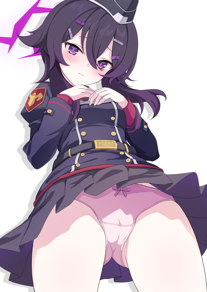 1girl 3: absurdres belt black_belt black_hat black_jacket black_skirt blue_archive blush bow bow_panties bright_pupils cameltoe closed_mouth commentary_request cowboy_shot crotch_seam double_bun drop_shadow foreshortening from_below garrison_cap gluteal_fold hair_between_eyes hair_bun halo hands_up haruka_(blue_archive) hat highres jacket juliet_sleeves long_sleeves looking_at_viewer looking_down maimuu miniskirt panties pantyshot pink_bow pink_panties pleated_skirt puffy_sleeves purple_eyes purple_hair purple_halo short_hair_with_long_locks simple_background skirt solo split_mouth underwear upskirt white_background